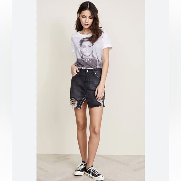 Free People NWT black distressed mini relaxed denim Jean skirt - 26 ($60) - Picture 1 of 13